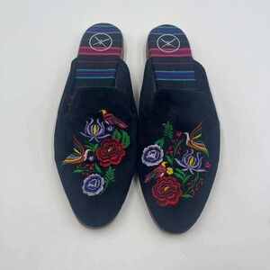Inkkas Womens Black Embroidered Floral Bird Mule Loafers Flat Shoes Size 9 EU 40